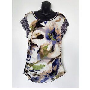 Luisa Cerano Comfy Watercolor Floral Print Stretch Mesh Top Ruched Sides Size 16